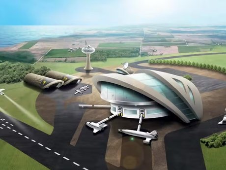 Artist's illustration of a proposed future UK Spaceport, with a modernist style central hub, runway, launchers and potential commercial spacecraft
