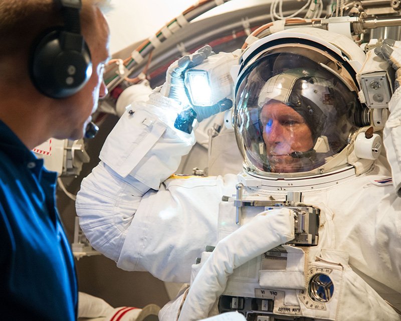 British astronaut Tim Peake trying on a space suit prior to ISS trip.
